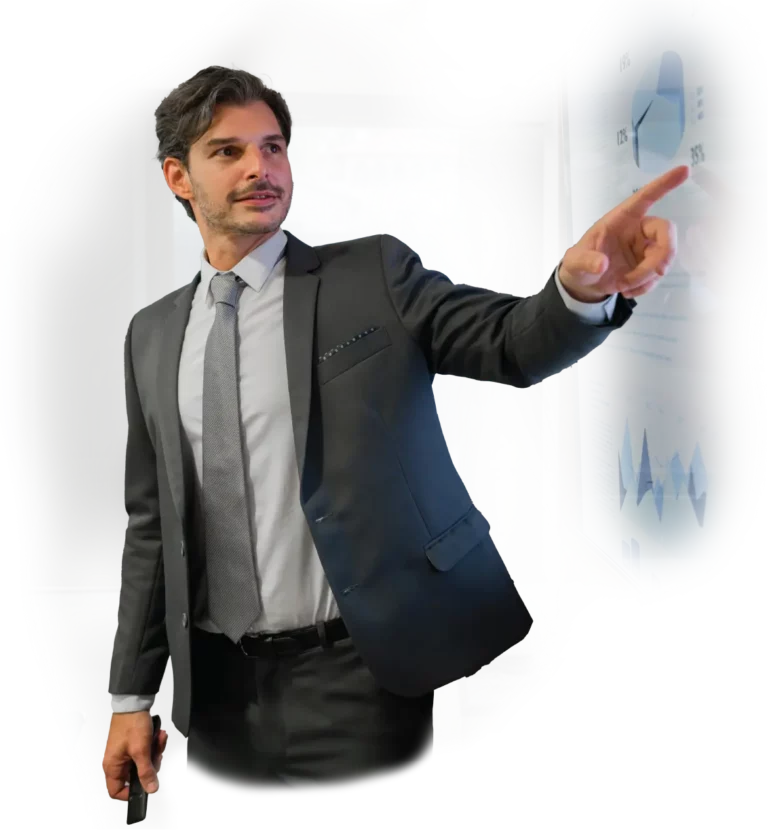 Businessman in suit pointing to blurred screen